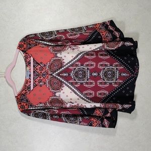 04146 Figueroa & Flower maroon & orange v-neck multi-print blouse L